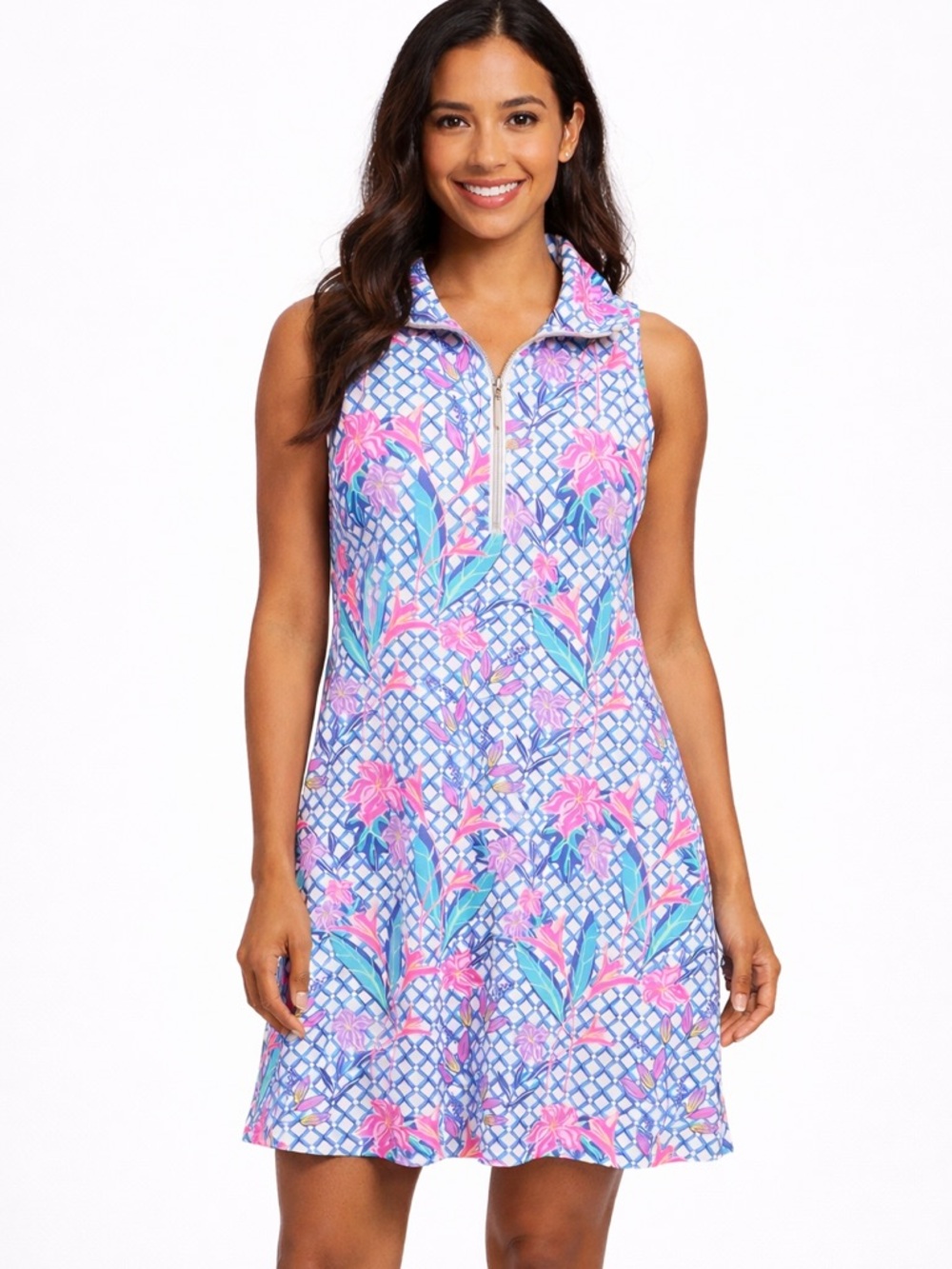 Lulu B Sleeveless Zip Swing Dress XS Blue Pink Tropical Floral Resort Golf UPF